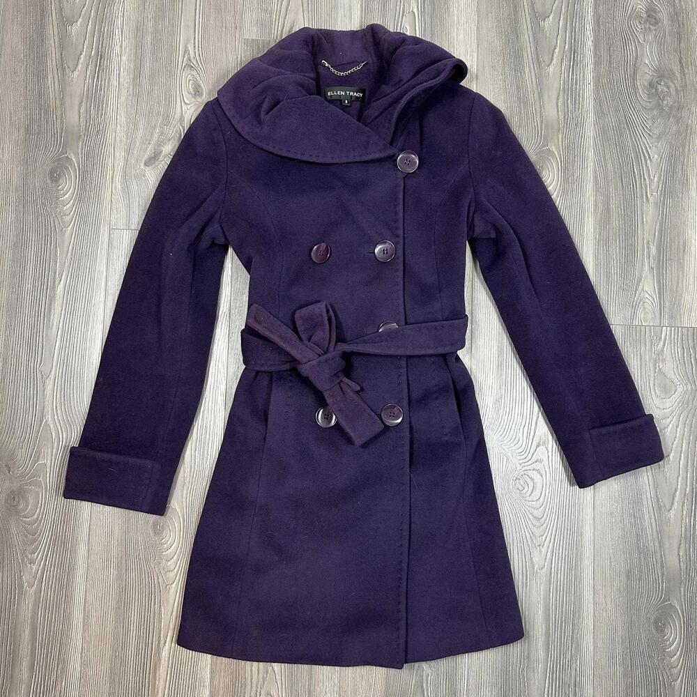 Ellen Tracy Purple Wool Peacoat with Tie Waist Detail
